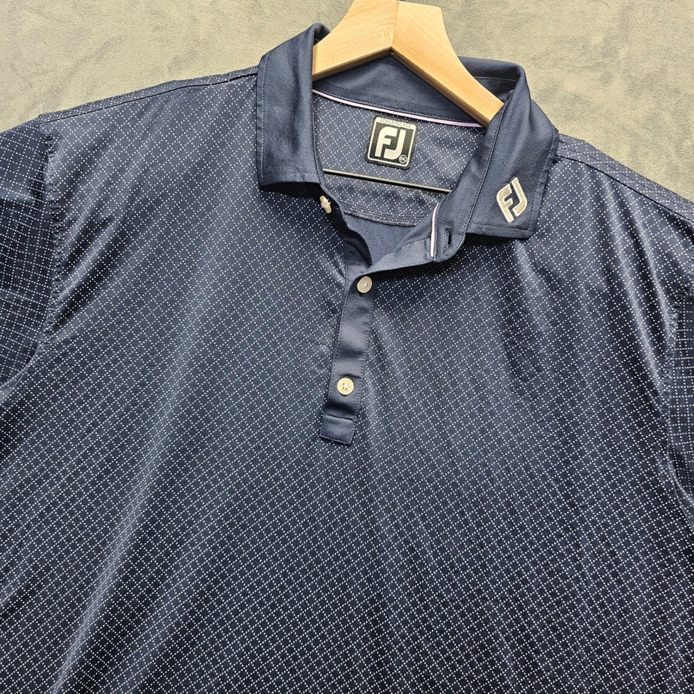 FootJoy Mens Athletic Fit Golf Polo Navy Blue Geometric Print Size 2XL Short Slv